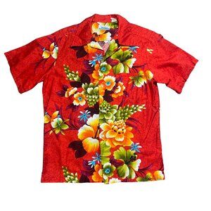 vintage Penneys Hawaii Shirt red Floral Print Hawaiian M L 42" chest 70s 60s